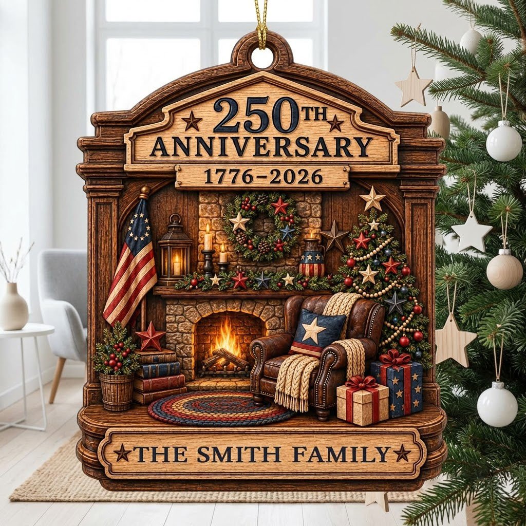 Arch wood ornament with a cozy fireplace, Christmas tree, and American flag, personalized with the family name.