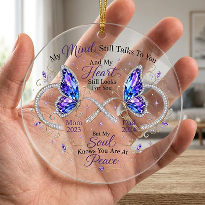Round faceted glass ornament with two jeweled purple and blue butterflies, memorial quote, and personalized name and yea
