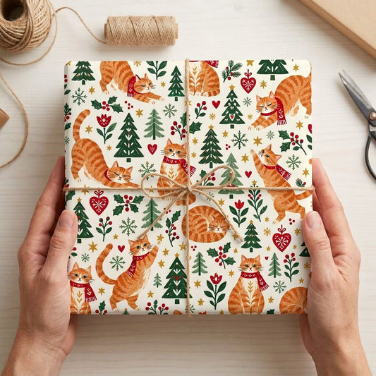 Cream wrapping paper with ginger tabby cats in red scarves, pine trees, hearts, berries, stars, and snowflakes.