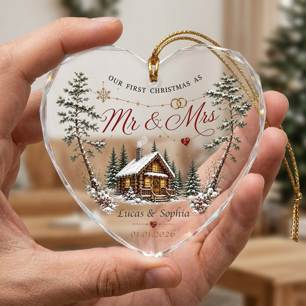 Personalized Our First Christmas as Mr & Mrs Winter Cabin Heart Glass Ornament