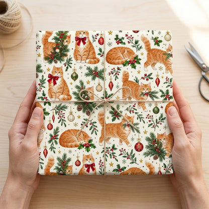 Cream gift wrap with ginger tabby cats, red and gold ornaments, pine boughs, berries and stars in a pattern.