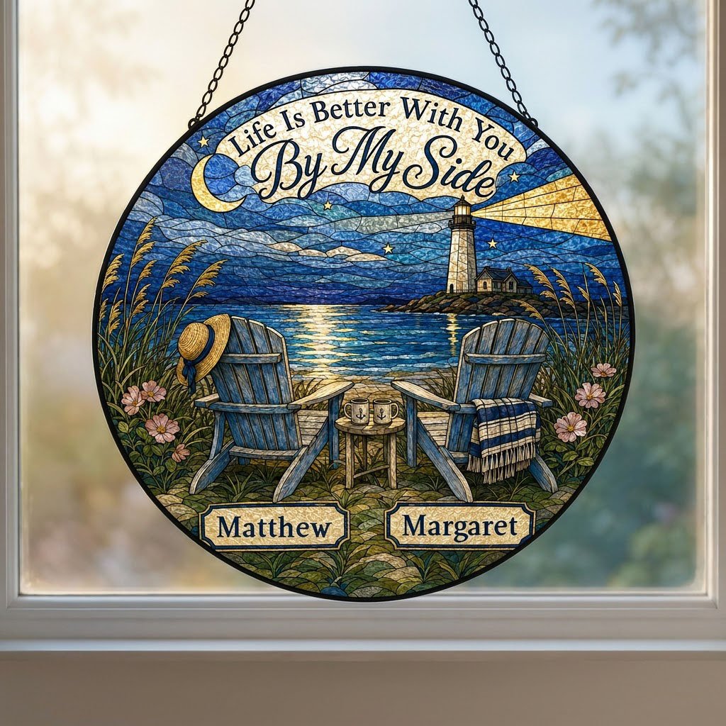 Round stained glass–style suncatcher with two blue Adirondack chairs by water and a lighthouse at night.