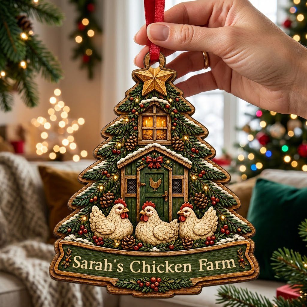 Personalized Christmas Tree Chicken Coop Wood Ornament, Custom Farmhouse Keepsake