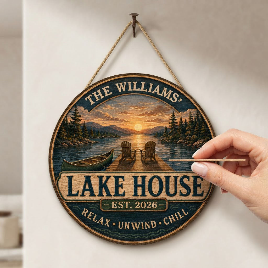 Round wooden sign with lake sunset, two Adirondack chairs on a dock, green canoe, and navy border with wave motifs.