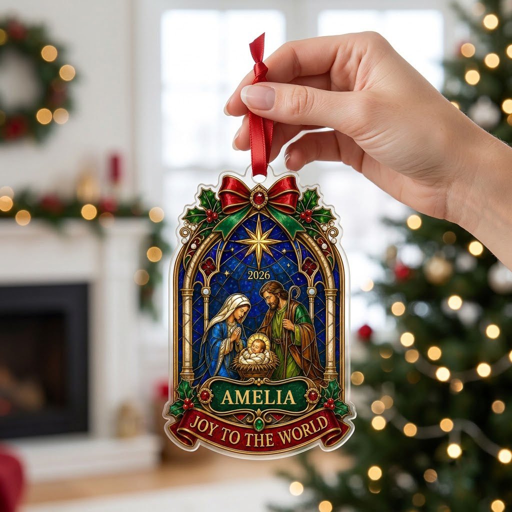 Personalized Stained Glass Nativity Scene Acrylic Ornament, Custom Holy Family Christmas Keepsake