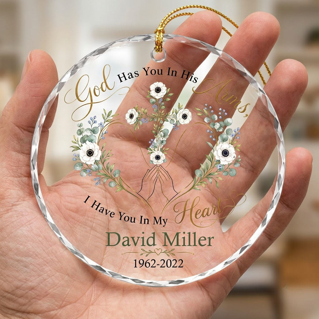 Personalized Praying Hands Botanical Cross Memorial God Has You In His Arms Round Glass Ornament