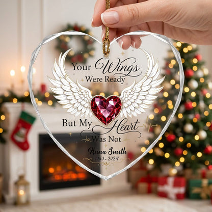 Personalized Angel Wings Memorial Your Wings Were Ready Ruby Heart Glass Ornament