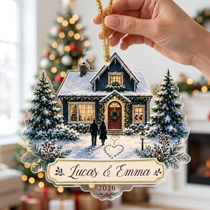 Personalized Our First Christmas as Mr & Mrs Cozy House Acrylic Ornament, Custom Newlywed First Home Keepsake