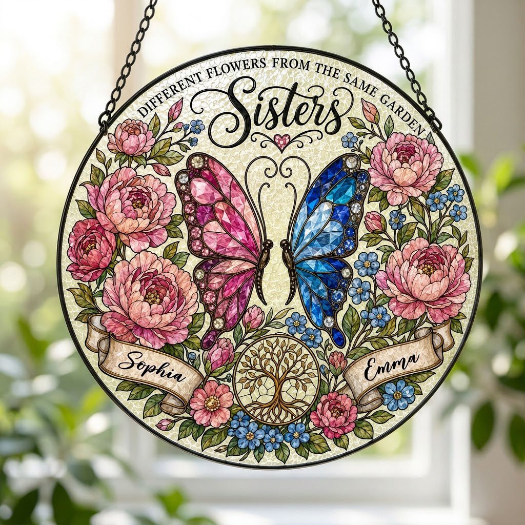 Round suncatcher with pink and blue butterfly, peony wreath, Tree of Life, and Sisters text with two name ribbons.
