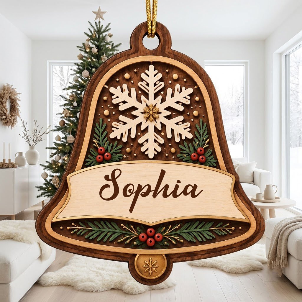 Personalized wooden bell ornament with snowflake, pine sprigs, red berries, and a name on the center banner.