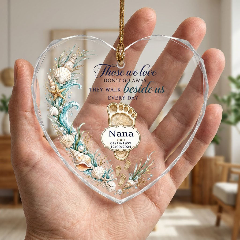 Personalized Beach Footprint Frame Memorial Those We Love Beside Us Heart Glass Ornament