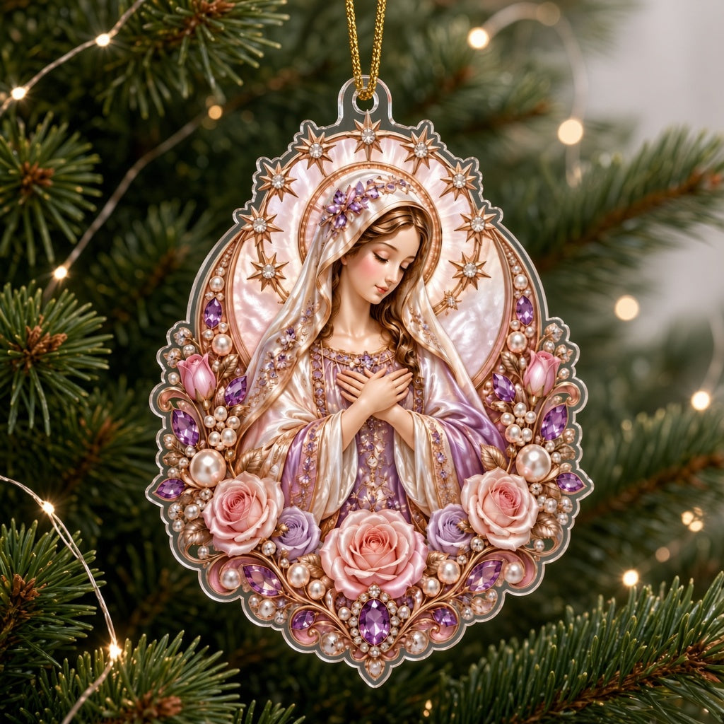 Acrylic ornament of the Virgin Mary with starry halo, pink and purple roses, pearls, gems and gold filigree.
