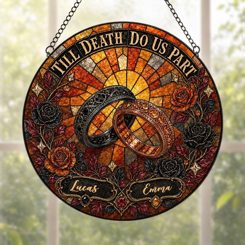 Personalized Gothic Wedding Rings Till Death Do Us Part Stained Glass Round Suncatcher
