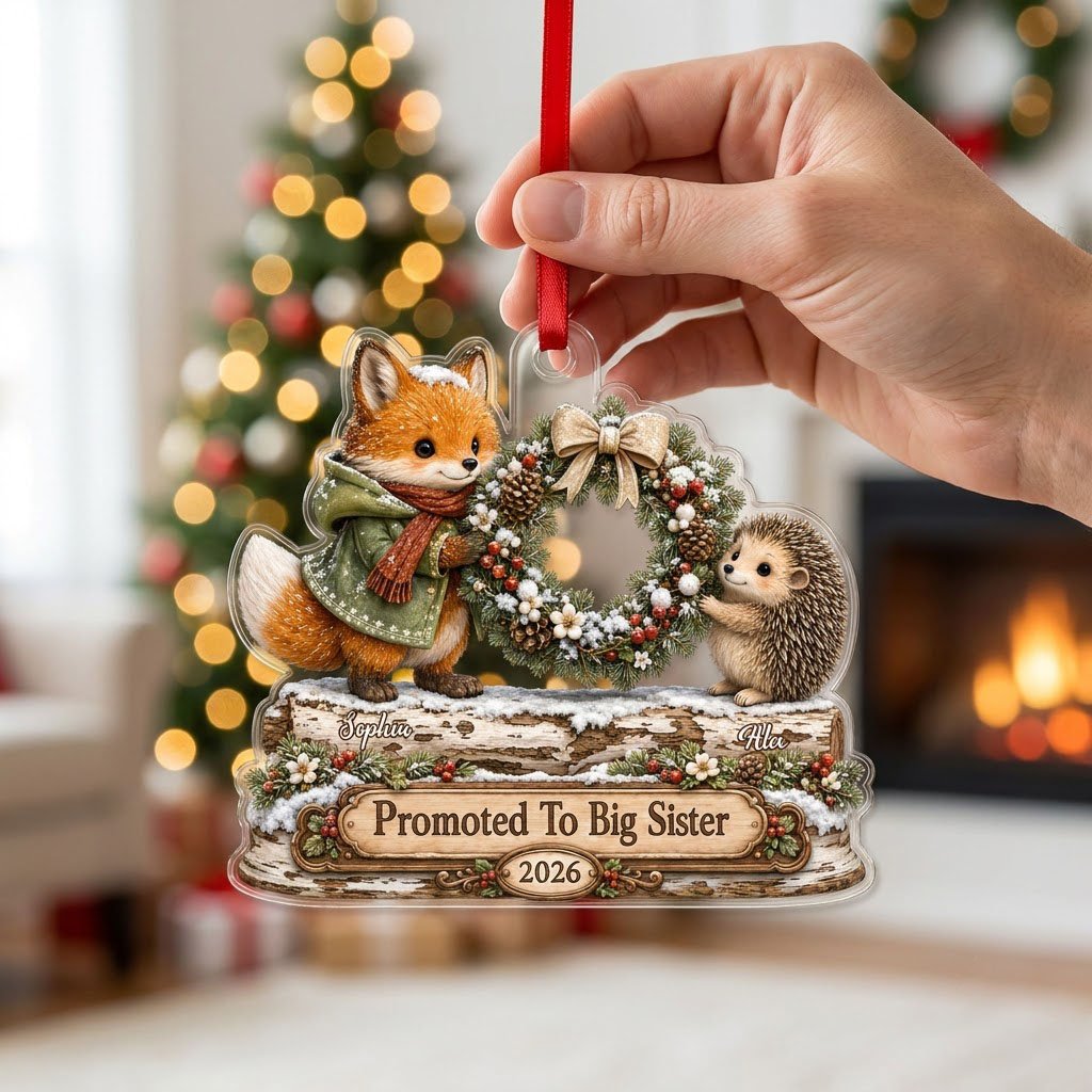 Acrylic ornament with a fox and hedgehog holding a wreath above a wood-style name banner with snowy accents.