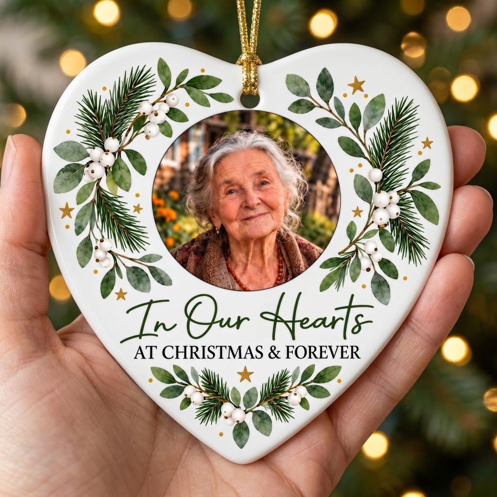 Heart ceramic ornament with In Our Hearts and AT CHRISTMAS & FOREVER around a circular photo frame with green foliage.