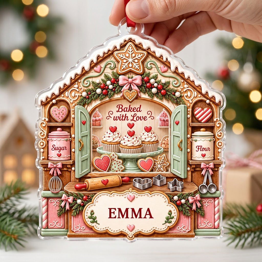 Custom-cut acrylic ornament shaped like a gingerbread house with baking tools, cupcakes, and a name banner.
