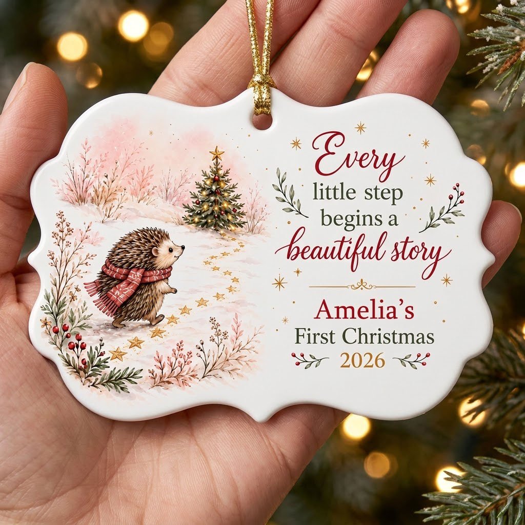 Scalloped ceramic ornament with hedgehog in red plaid scarf walking toward a decorated Christmas tree in the snow.