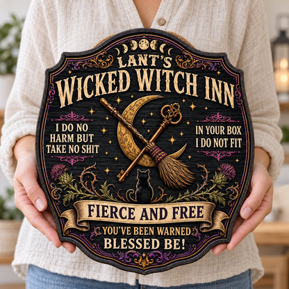 Ornate wooden plaque with moon phases, crescent moon, broomstick, key, black cat, thistles and witchy quotes.