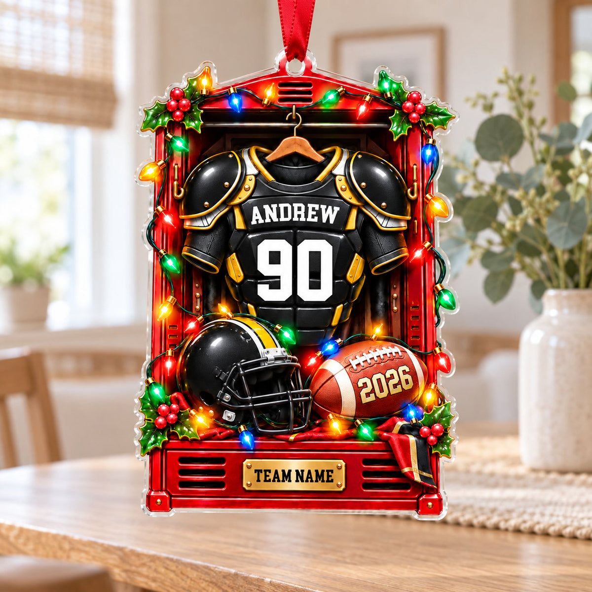 Acrylic ornament of a football locker with black-gold jersey, helmet and lights, personalized with name, number, year an