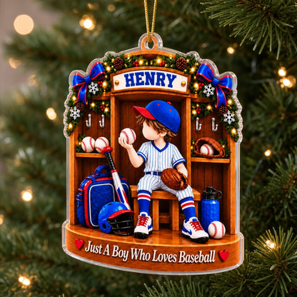 Acrylic ornament showing a boy in a blue pinstriped baseball uniform inside a garland-decorated wooden locker.
