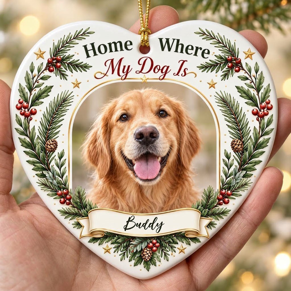 Heart ceramic ornament with gold arched dog photo frame, pine greenery, holly berries, and 'Home Where My Dog Is'.