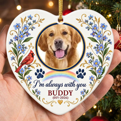 Heart ceramic ornament with a dog photo, red cardinal, blue forget-me-nots, rainbow, paw prints, and a gold heart accent