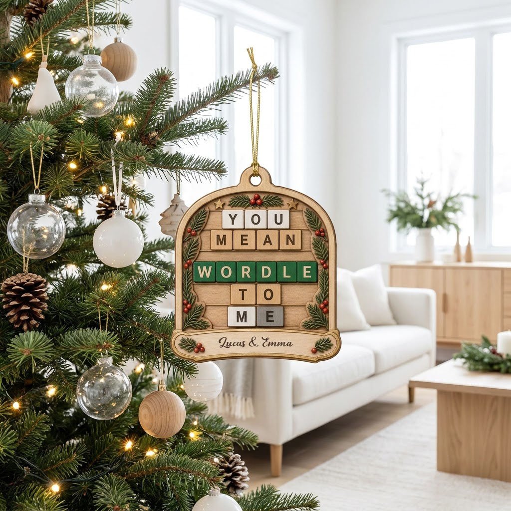Arch wood ornament with “You Mean The Wordle To Me” letter tiles, evergreen sprigs with red berries, gold stars, and cou