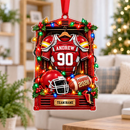 Red football locker ornament with jersey, helmet, football, holiday lights, holly, and custom name, number, team and yea