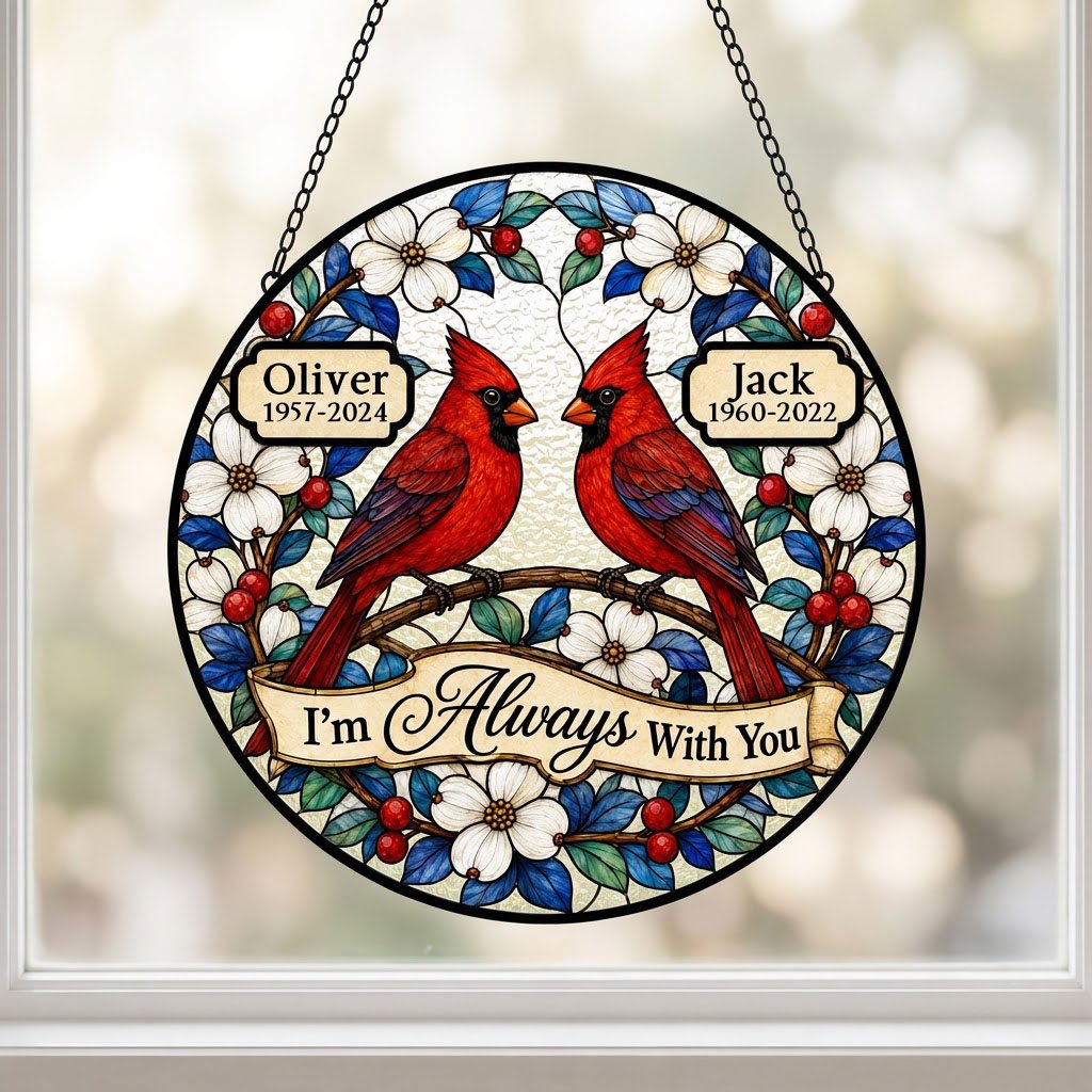 Round suncatcher with two red cardinals on a branch, dogwood flowers, a scroll banner and two name plaques.
