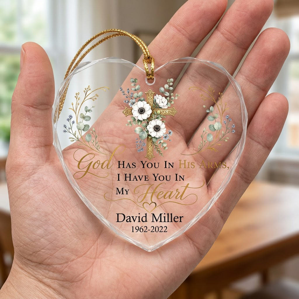 Personalized Botanical Gold Cross Memorial God Has You In His Arms Heart Glass Ornament