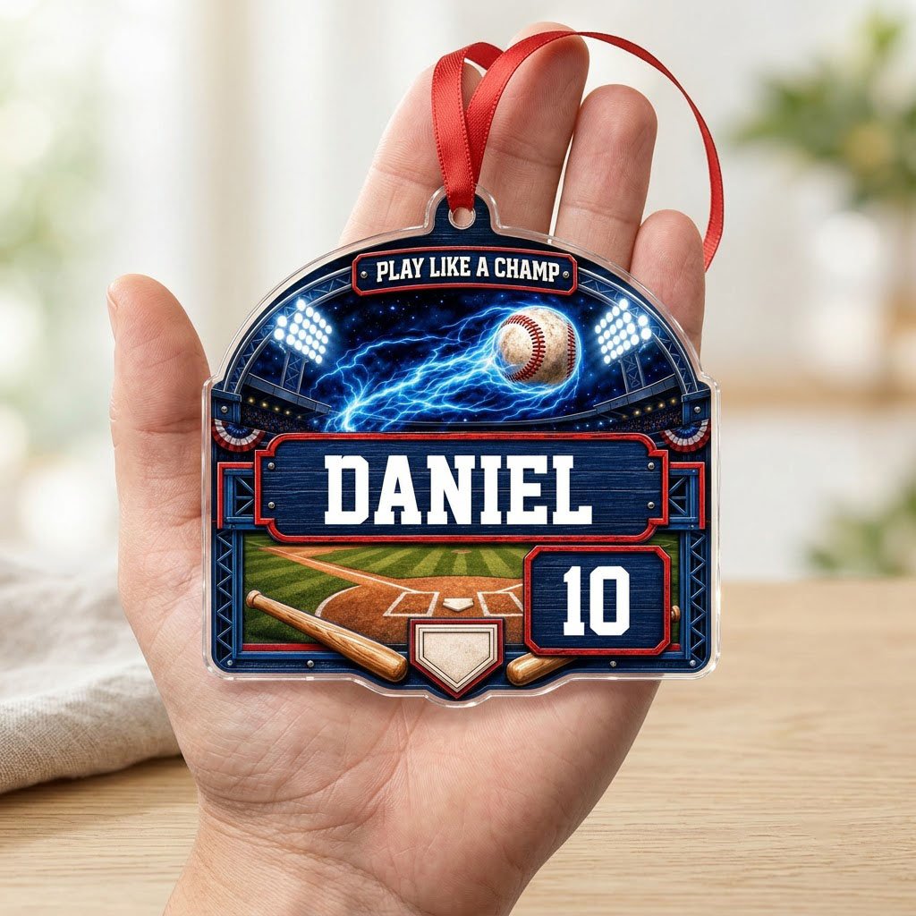 Arch acrylic ornament with flaming baseball in a night stadium, blue plaque, bats, home plate, name and number.