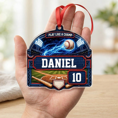 Arch acrylic ornament with flaming baseball in a night stadium, blue plaque, bats, home plate, name and number.