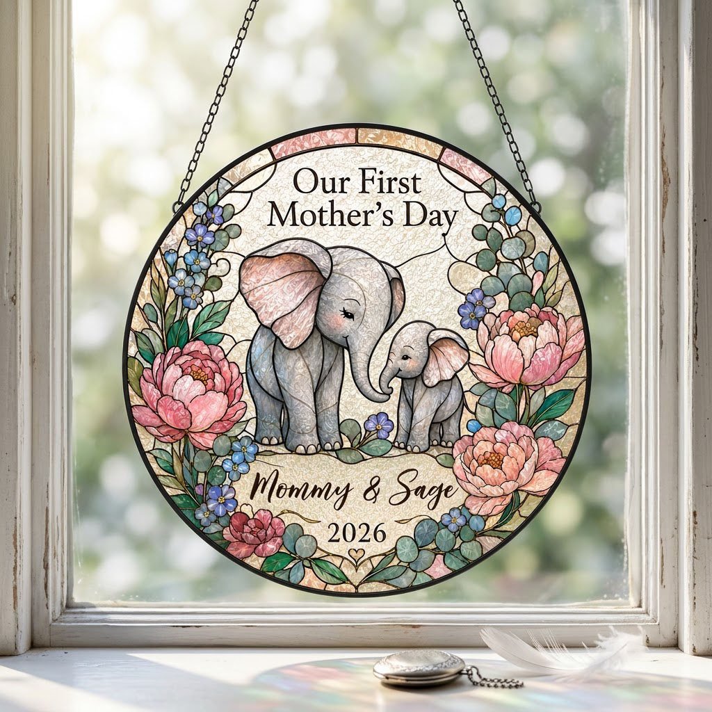 Round stained-glass suncatcher of mother and baby elephants touching trunks amid pink peonies and blue flowers.