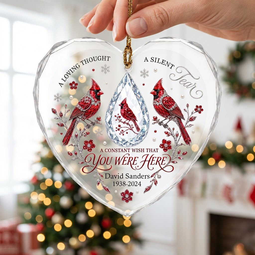 Personalized Red Cardinals Crystal Teardrop Memorial Heart Glass Ornament