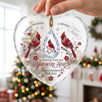 Personalized Red Cardinals Crystal Teardrop Memorial Heart Glass Ornament