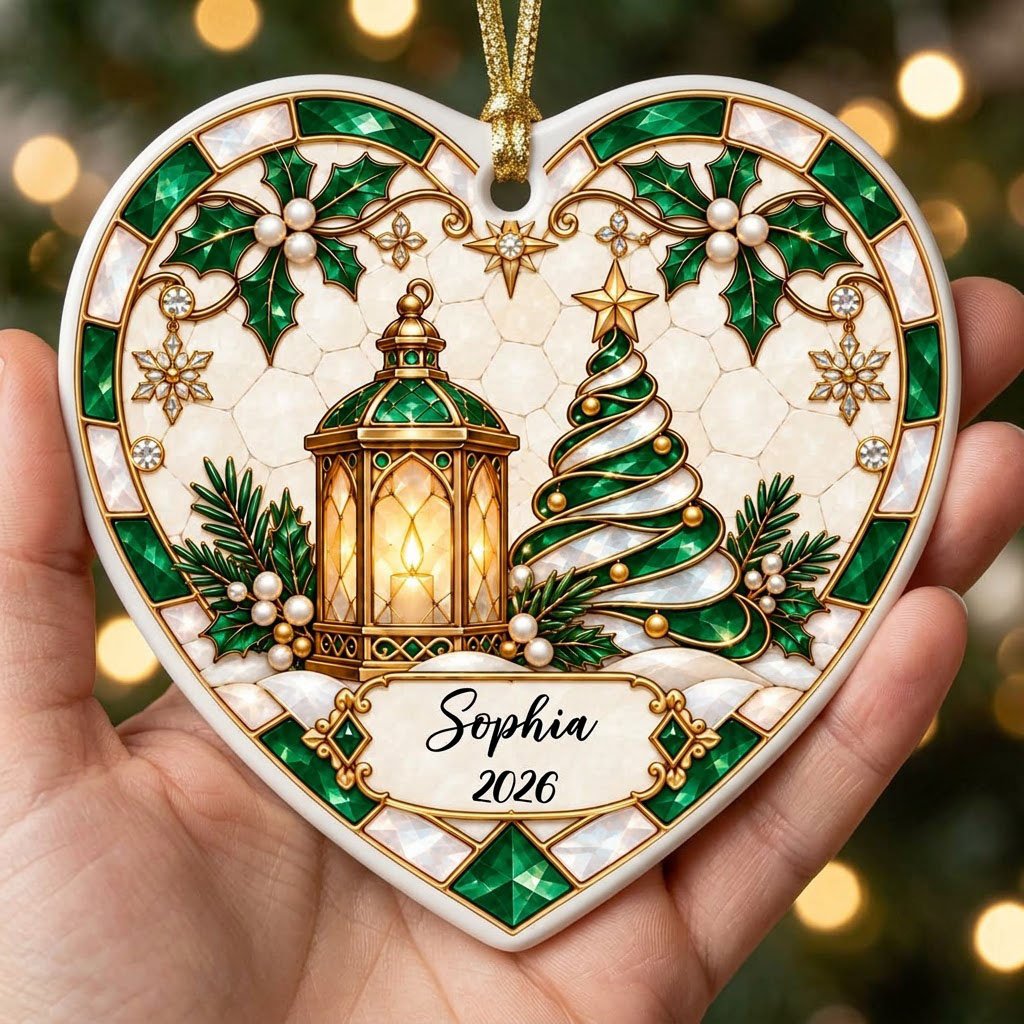 Heart ornament with emerald stained-glass border, gold lantern, spiral tree, holly, and a name-and-year scroll plaque.