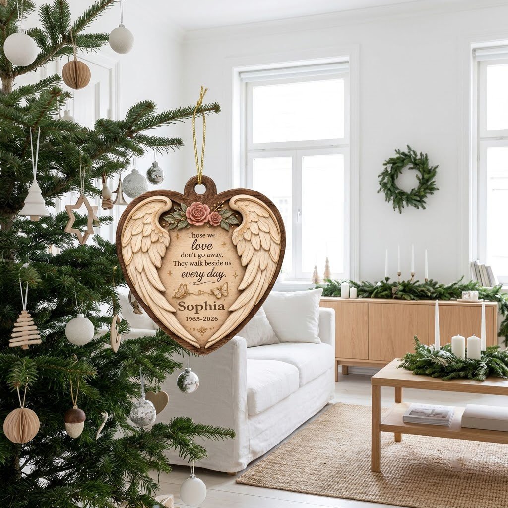Heart-shaped wood ornament with angel wings, pink roses, butterflies, and a memorial quote with name and dates.