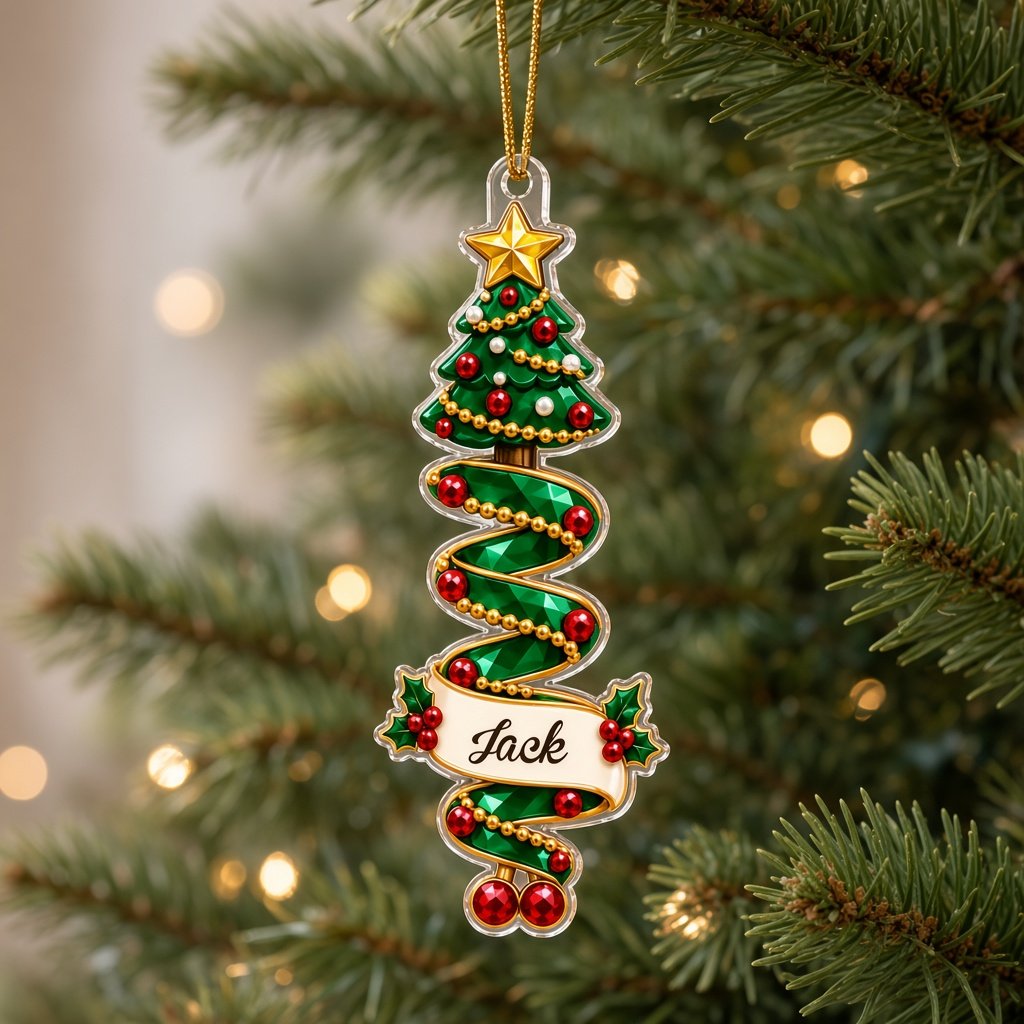 Custom-cut acrylic ornaments with a cartoon nutcracker and a praying angel wrapped in decorative ribbons.