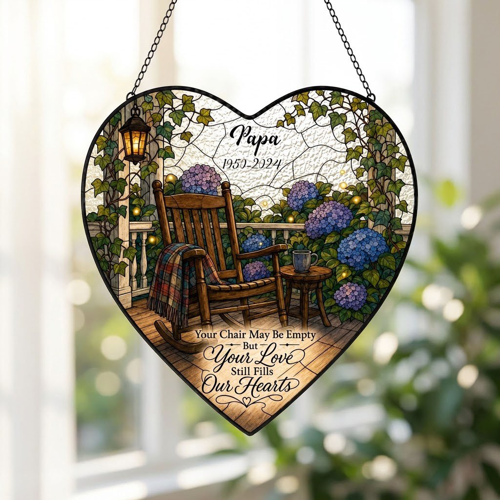 Heart stained glass suncatcher with empty porch rocking chair, lantern, ivy, and purple and blue hydrangea bushes.