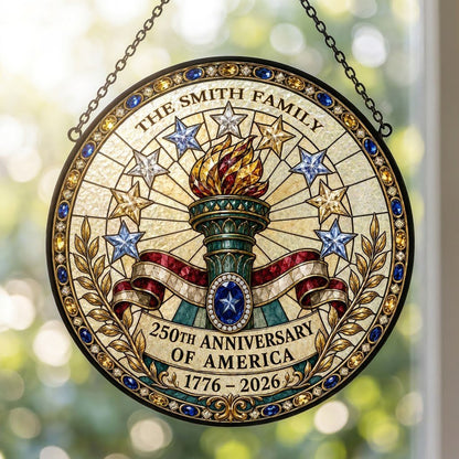 Round stained-glass suncatcher with Statue of Liberty torch, stars, ribbon, laurel, and 250th Anniversary text.