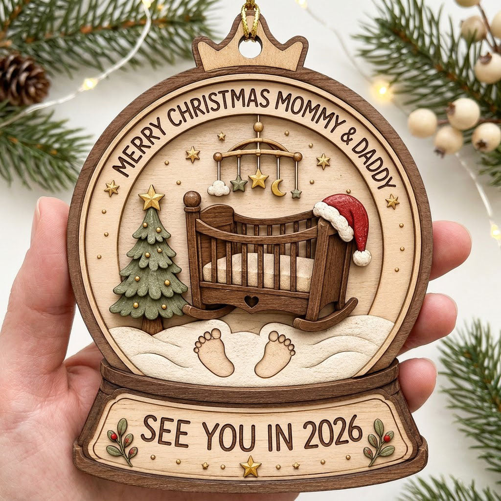 Snow globe wood ornament with crib, Santa hat, mobile, tree, footprints, and Merry Christmas Mommy & Daddy text.