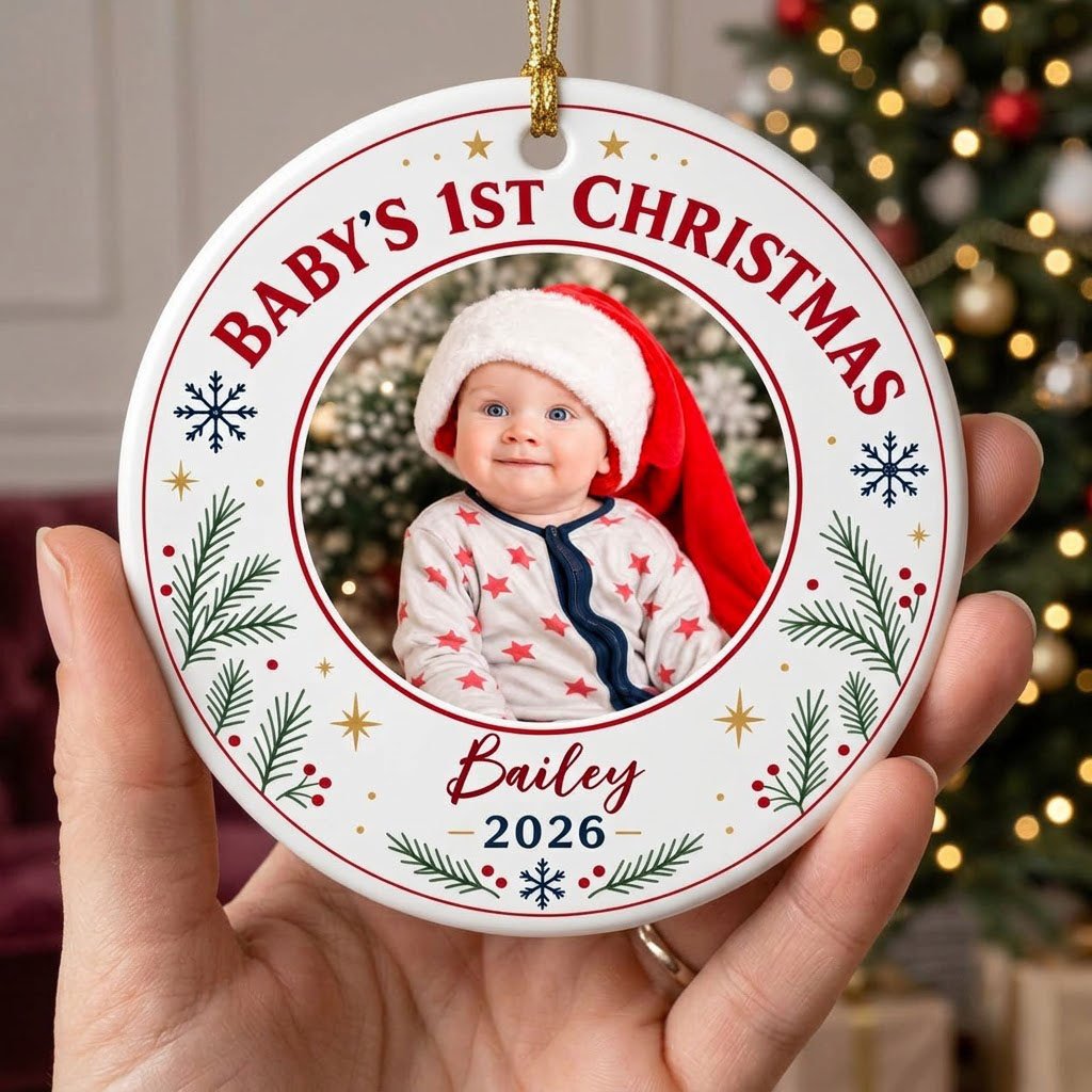 Round ceramic ornament with 'BABY'S 1ST CHRISTMAS', pine sprigs, snowflakes, gold stars, red rings, and a photo frame