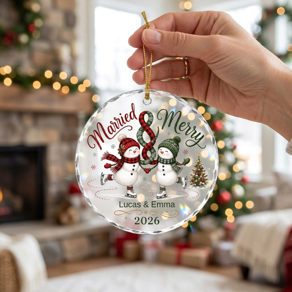 Round glass ornament with two ice-skating snowmen, a scarf ampersand above, and a small Christmas tree with star.