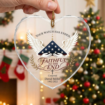 Personalized Police Memorial Your Watch Has Ended Folded Flag Angel Wings Heart Glass Ornament