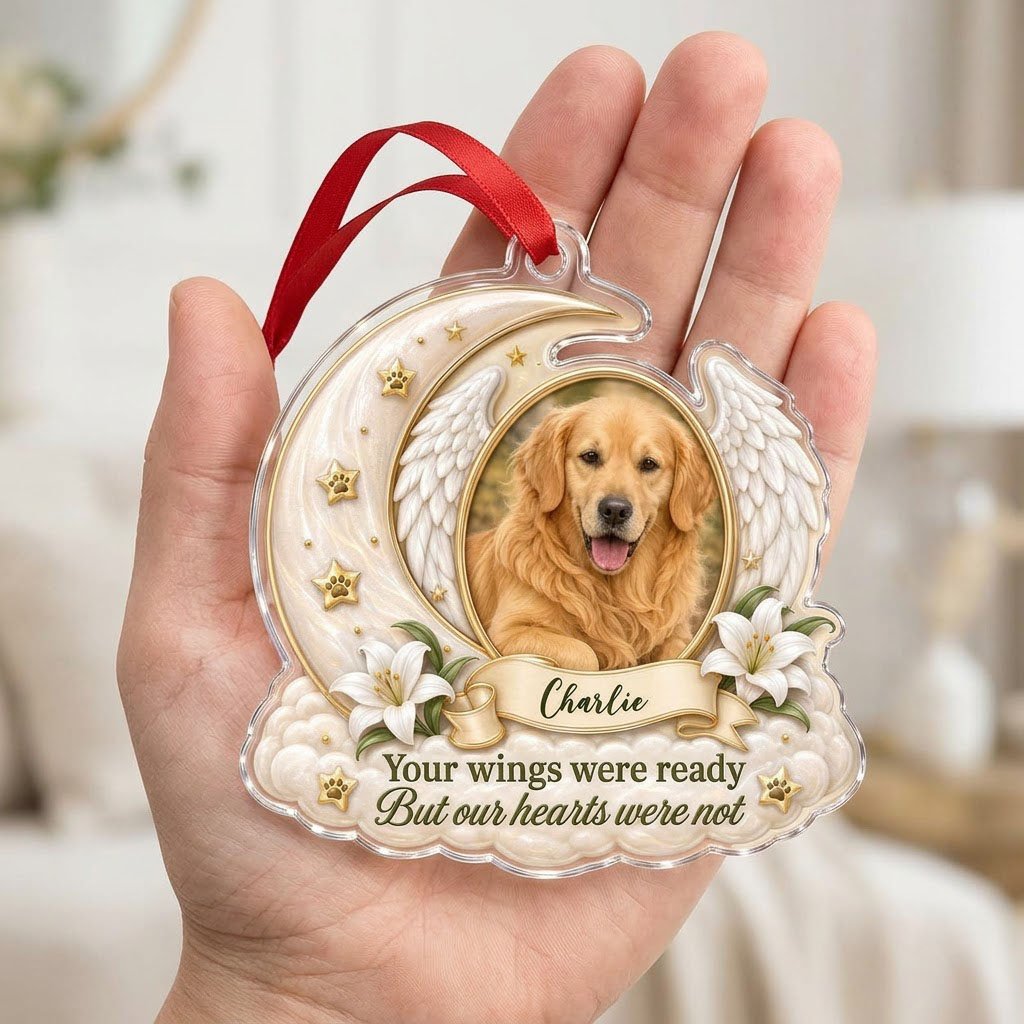 Crescent moon and angel wings acrylic ornament with oval pet photo, paw-print stars, white lilies, clouds, and a name ba