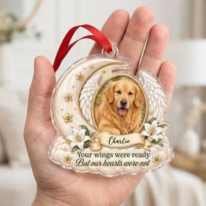 Crescent moon and angel wings acrylic ornament with oval pet photo, paw-print stars, white lilies, clouds, and a name ba