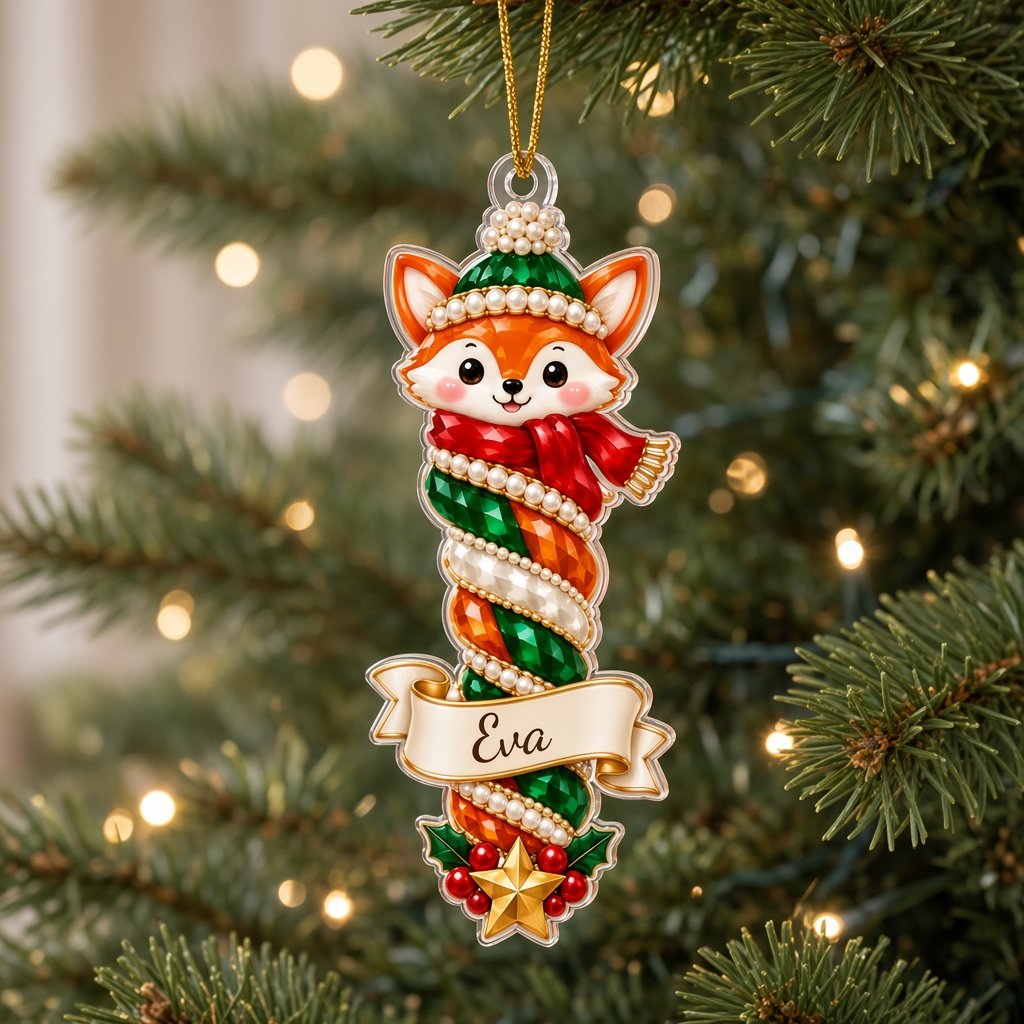 Acrylic ornament with cat, dog, owl, bunny or fox atop spiral columns and a cream-gold scroll banner for a name.