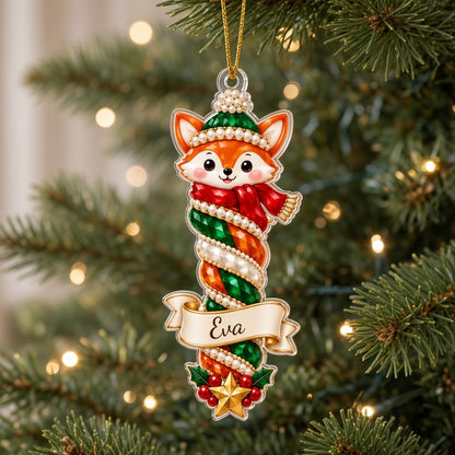 Acrylic ornament with cat, dog, owl, bunny or fox atop spiral columns and a cream-gold scroll banner for a name.