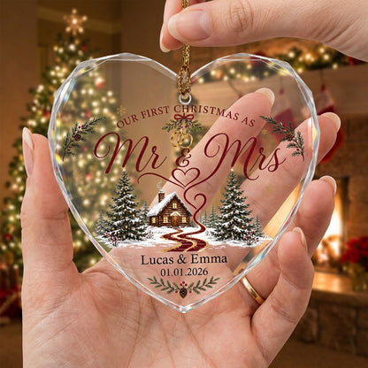 Personalized Our First Christmas as Mr & Mrs Winter Cabin Ribbon Heart Glass Ornament