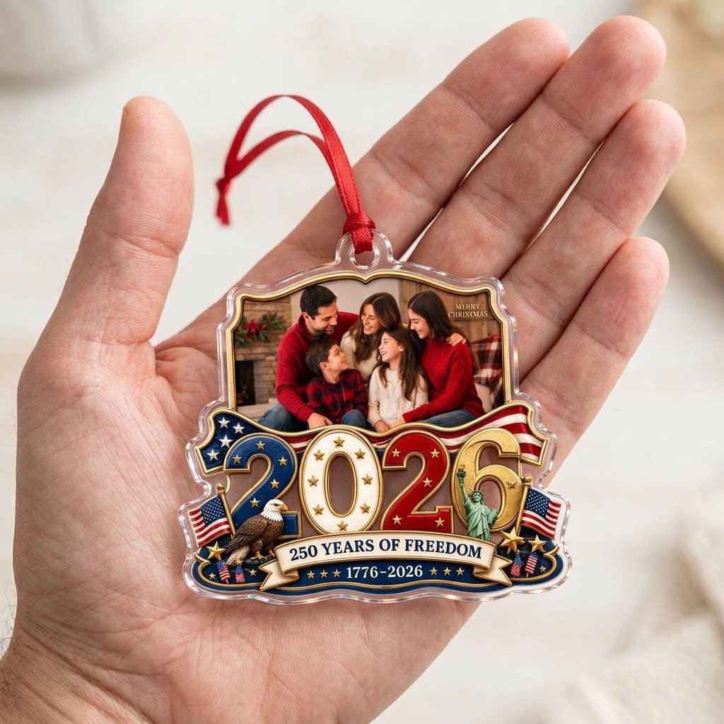 Custom-cut acrylic ornament with '2026', eagle, Statue of Liberty, flags and a gold photo frame.